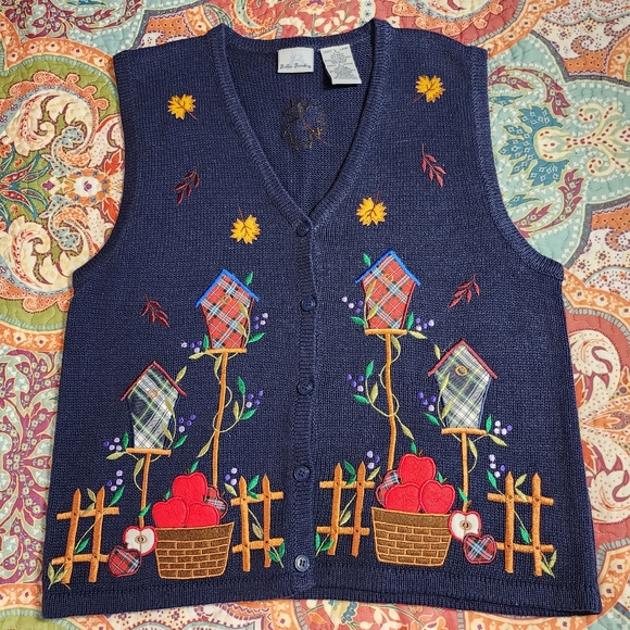 Bobbie Brooks Birdhouse Embroidered Fall Harvest Knit Vest - Picture 3 of 5